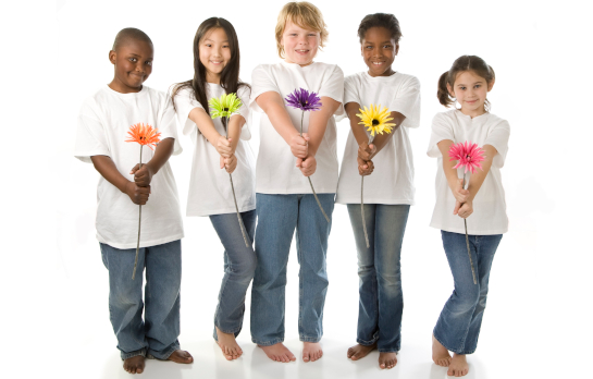 Middle school students holding flowers