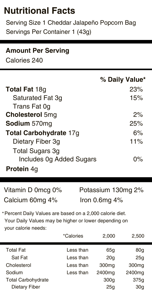 Cheddar Jalapeño Popcorn Nutritional Facts