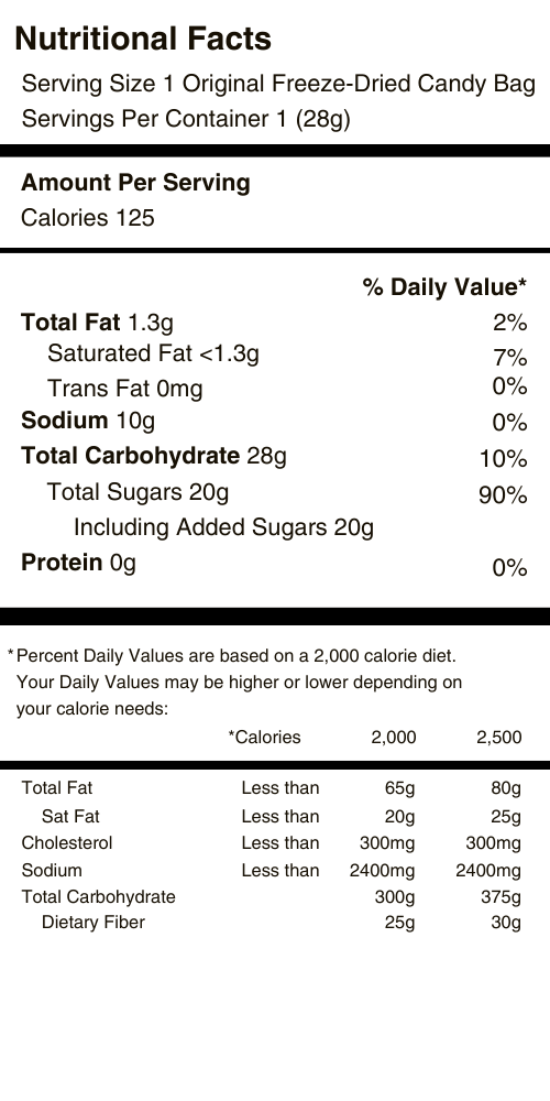 Original Freeze Dried Candy Nutritional Facts