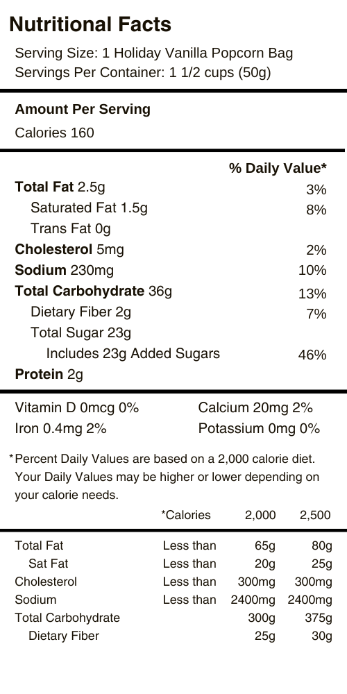 Holiday Vanilla Popcorn Nutritional Facts