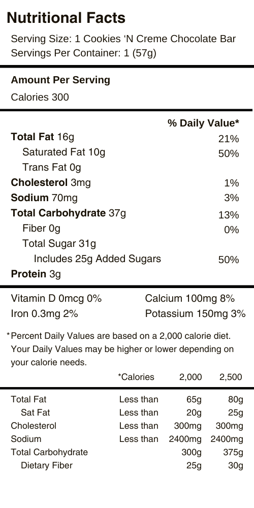 Cookies N' Creme Bar Nutritional Facts