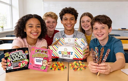 Students holding candy fundraiser products