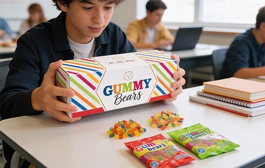 Student at a desk holding gummy bears candy fundraiser box