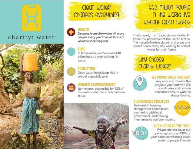 A fundraising flyer from the nonprofit charity: water.
