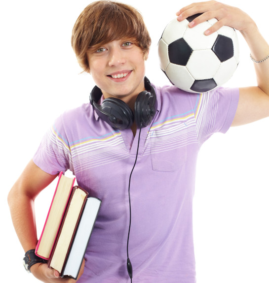 High School Boy Holding Books & Soccer Ball