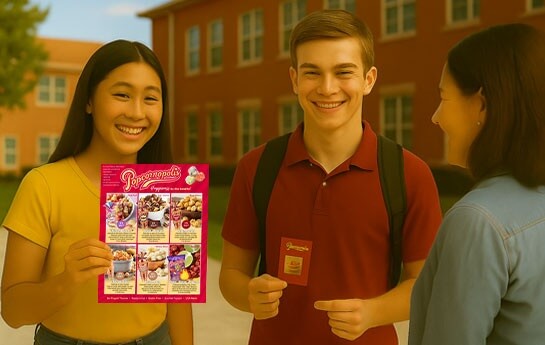 Students showing popcorn fundraiser brochure